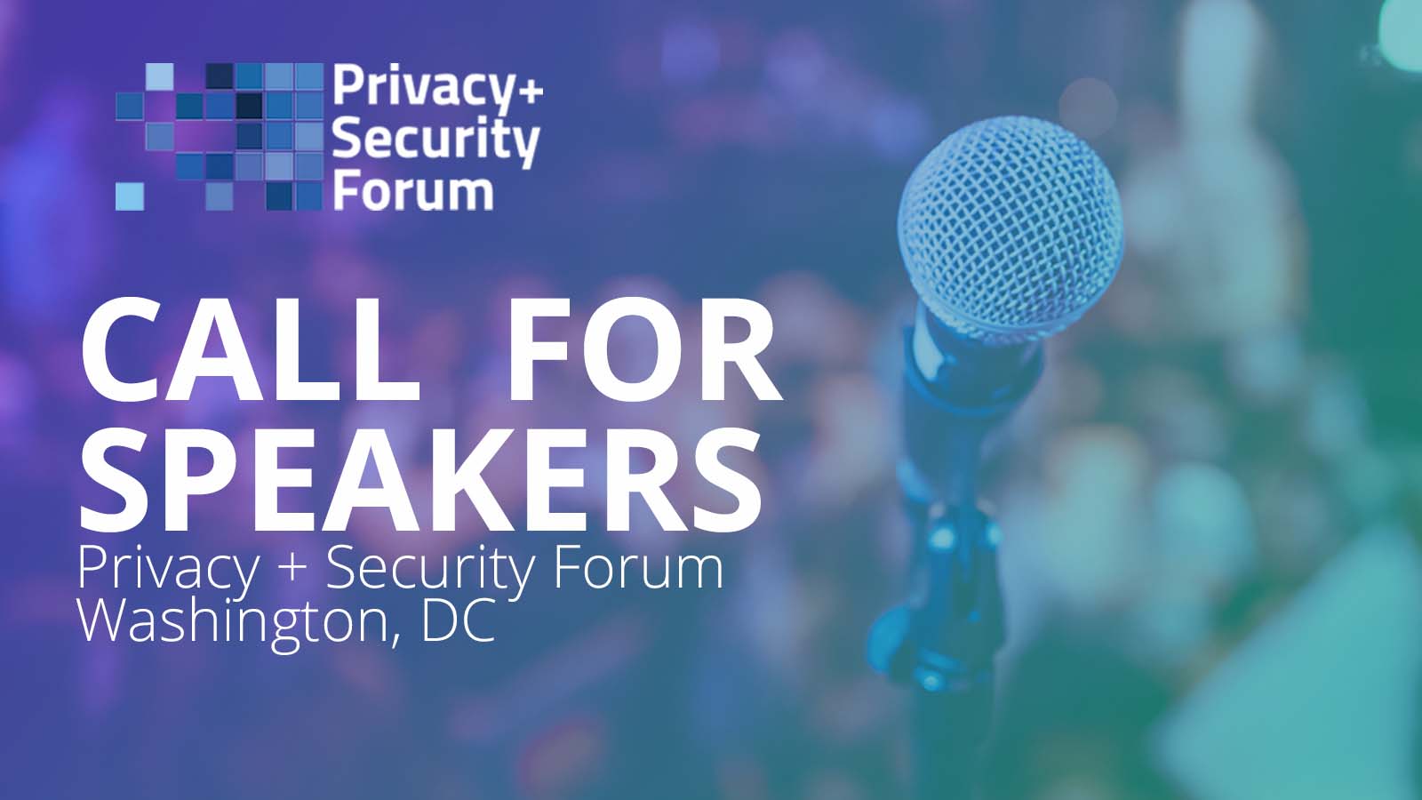 Event hall: Close up of microphone stand, seats with audience in the blurry background